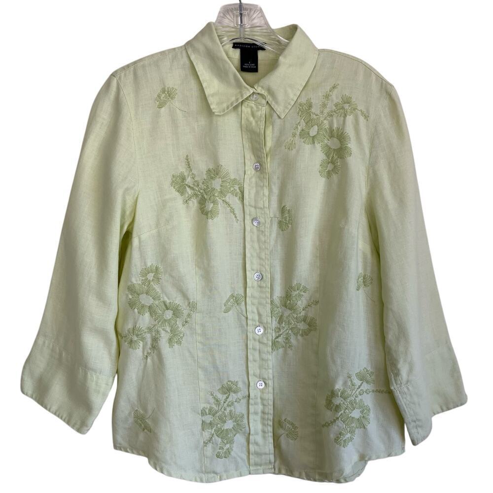 Madison Studio Vtg Y2K Linen Pastel Green Floral Embroidered Button Down Shirt 8